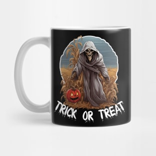 Grim Reaper In A Cornfield - Trick Or Treat (White Lettering) Mug